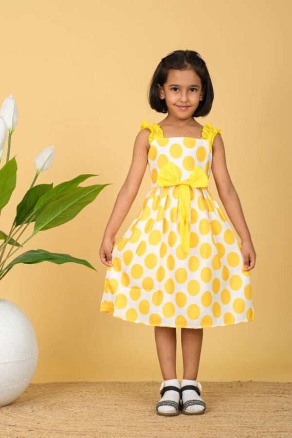 Snoozy Sloth Knee Length Sleeveless White Printed Yellow Polka Dots Cotton And Satin Frock With Bow For Baby Girl