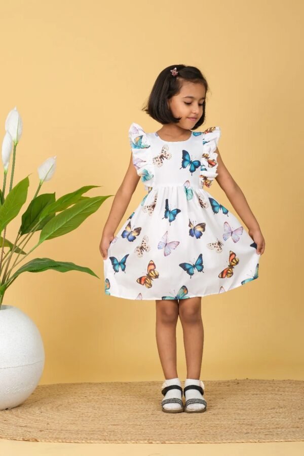 Snoozy Sloth Knee Length Sleeveless White Printed Butterfly Cotton And Satin Frock With Bow For Baby Girl