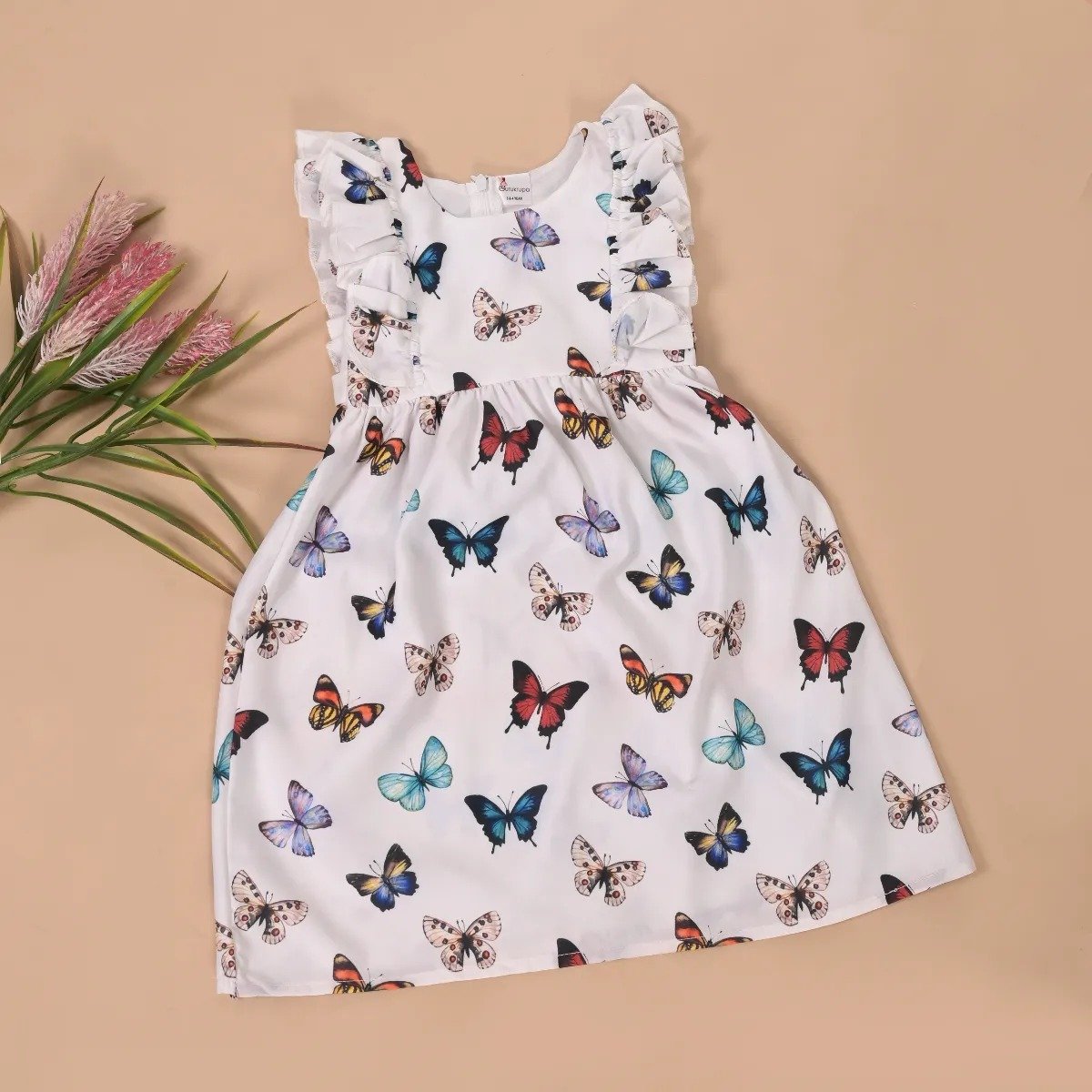Snoozy Sloth White Butterfly Print Frock for Baby Girl