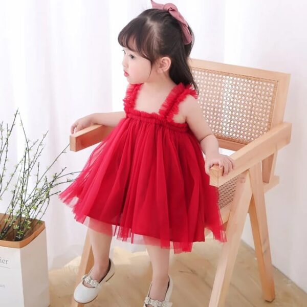 Snoozy Sloth Knee Length Sleeveless Red Premium Net Frock For Baby Girl